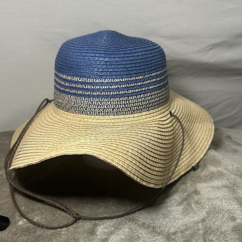 Jacobson Hat Womens Wide Brim‎ Sun Hat Navy Blue Tan Straw Floppy Beach Hat
